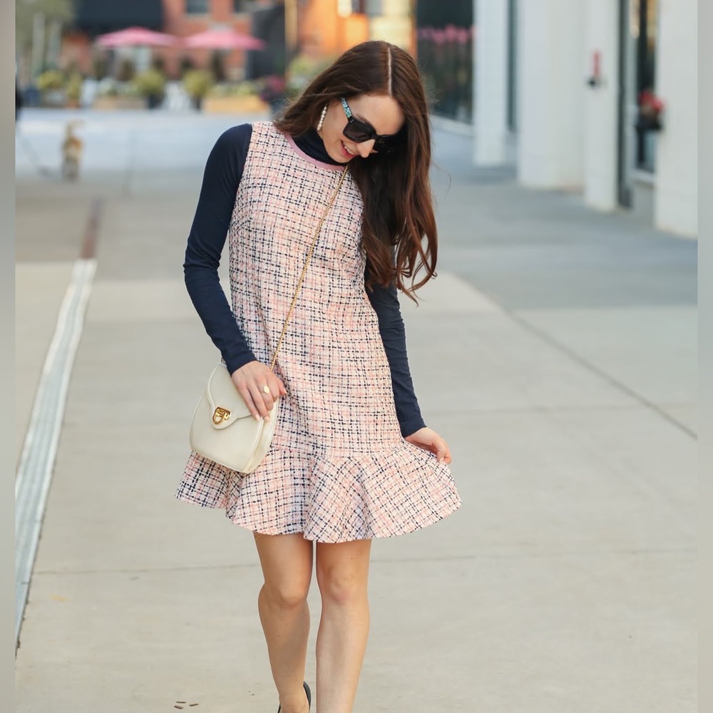 Gal Meets Glam Pink Tweed Ruffle Hem Dress